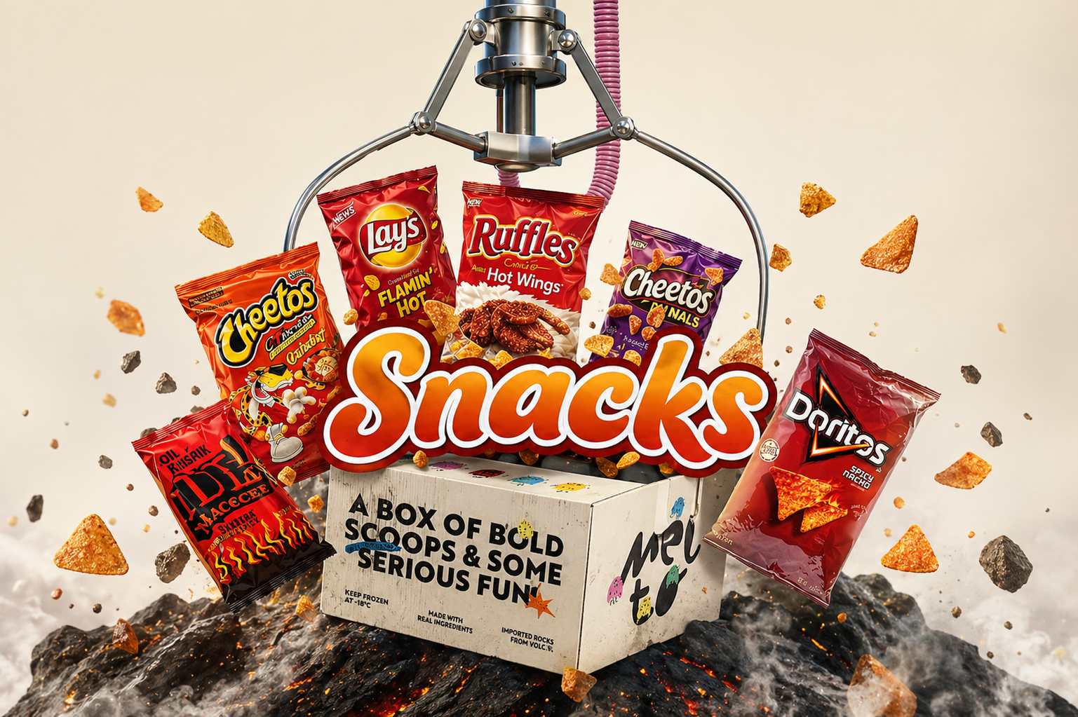 Box of snacks with various brands including Cheetos, Lay's, Ruffles, and Doritos, surrounded by snack packets and chips on a beige background.